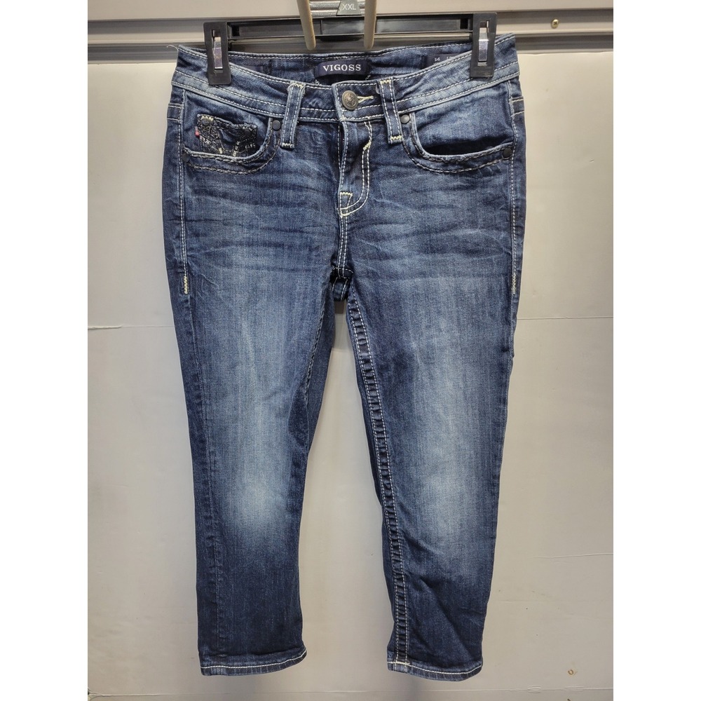 VIGOSS‎ Womens Jeans Blue Wash Cropped Heritage Fit Embellished Pockets Size S4